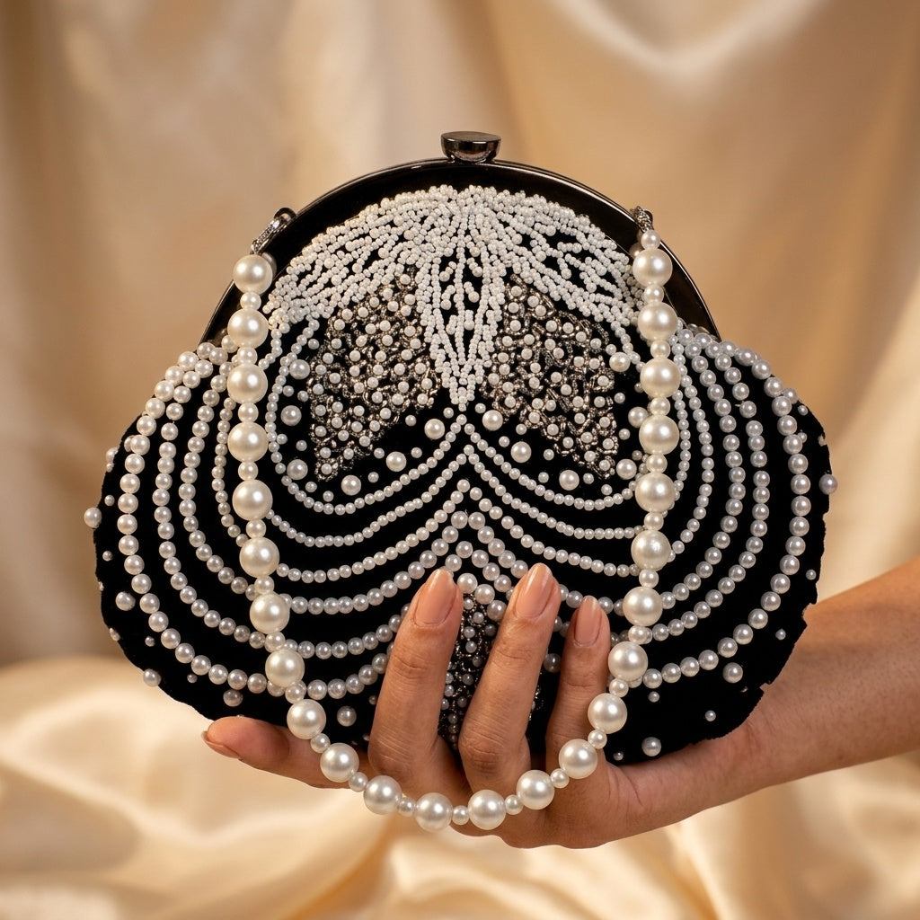Manasi black velvet batua bag, clasp detail