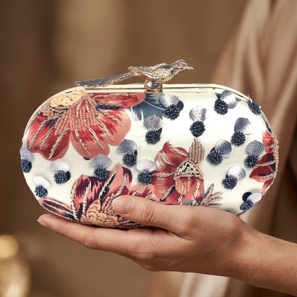 Swisni Hand-Embroidered Clutch Bag for Women | Zari Sequin Bridal Purse | Wedding Party Handbag | SWIS-241