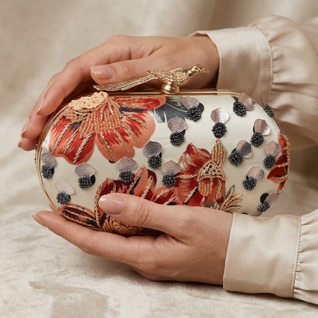 Roshni clutch, print and embroidery close-up