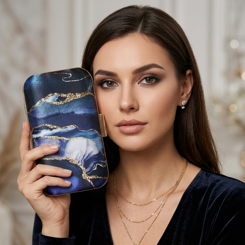 Nitara blue clutch, print pattern detail