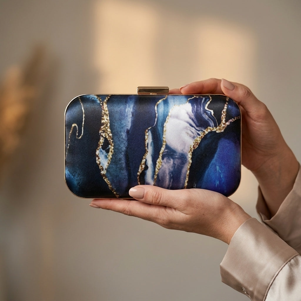 Nitara blue satin clutch, inside lining