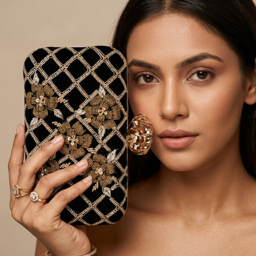 Swisni Hand-Embroidered Clutch Bag for Women | Zari Sequin Bridal Purse | Wedding Festive Handbag | SWIS-294