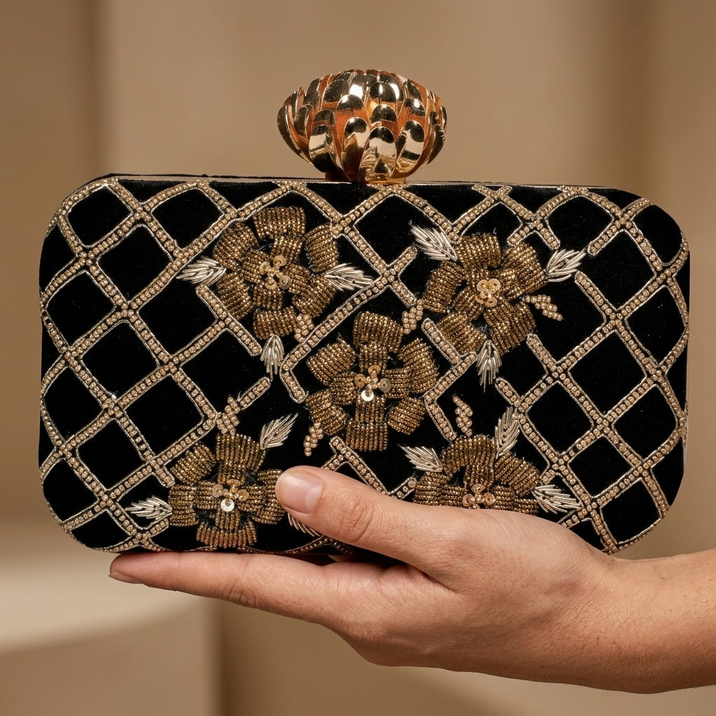 Swisni Hand-Embroidered Clutch Bag for Women | Zari Sequin Bridal Purse | Wedding Festive Handbag | SWIS-294