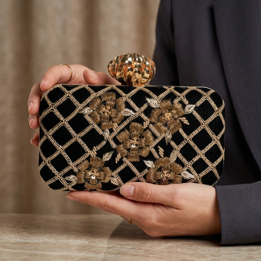 Swisni Hand-Embroidered Clutch Bag for Women | Zari Sequin Bridal Purse | Wedding Festive Handbag | SWIS-294