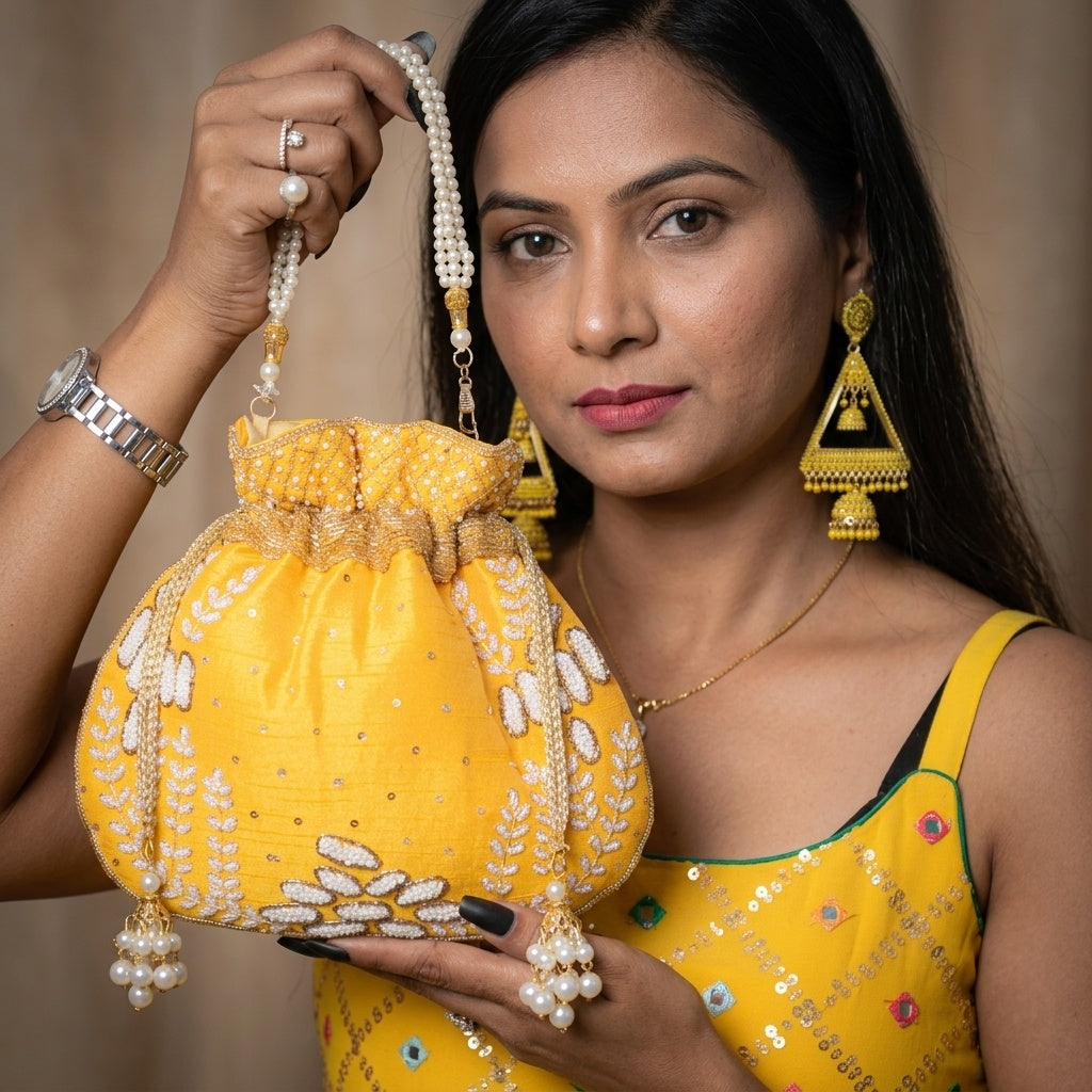 Madhuri yellow potli bag, tassel close-up