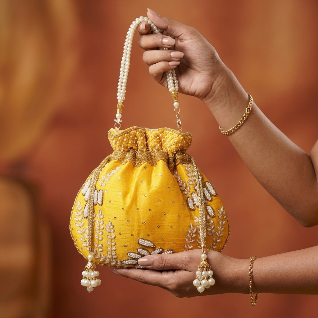 Madhuri yellow potli bag, drawstring detail