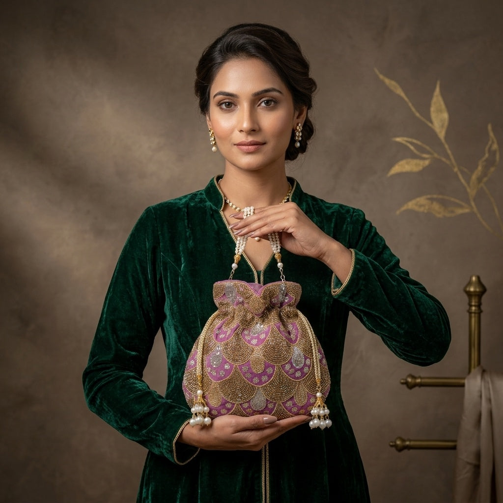Tara lavender raw silk potli bag, back view