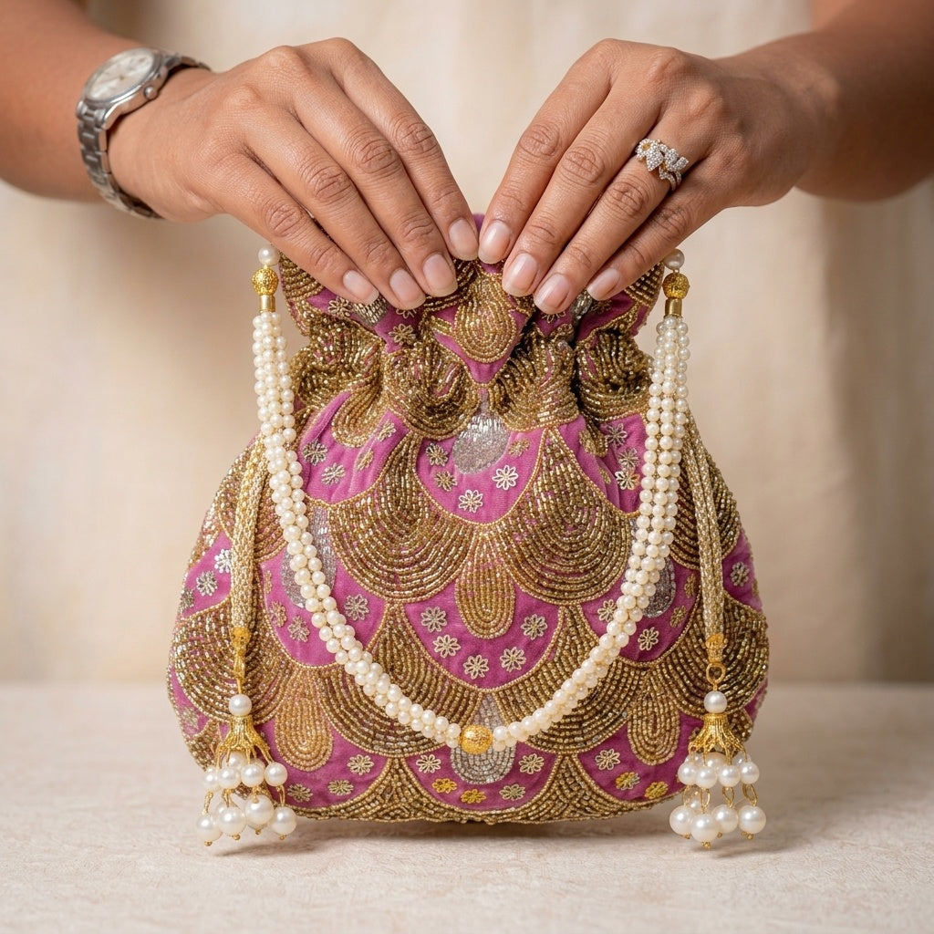 Tara lavender potli bag, drawstring detail