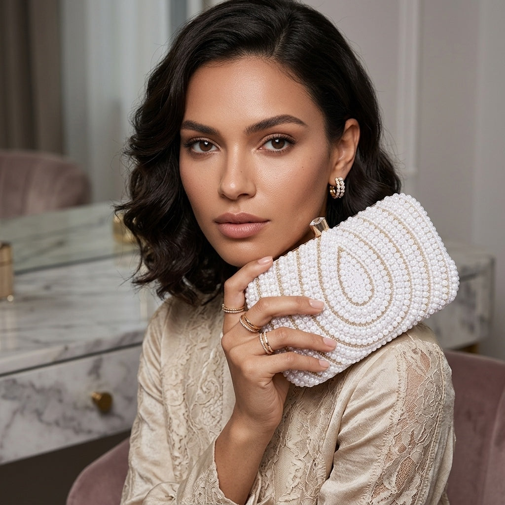 Swisni Hand-Embroidered Clutch Bag for Women | Zari Sequin Bridal Purse | Wedding Festive Handbag | SWIS-333