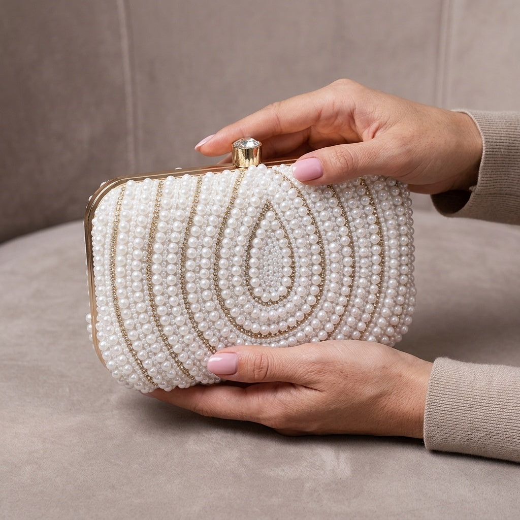 Pakhi white clutch, zari embroidery close-up