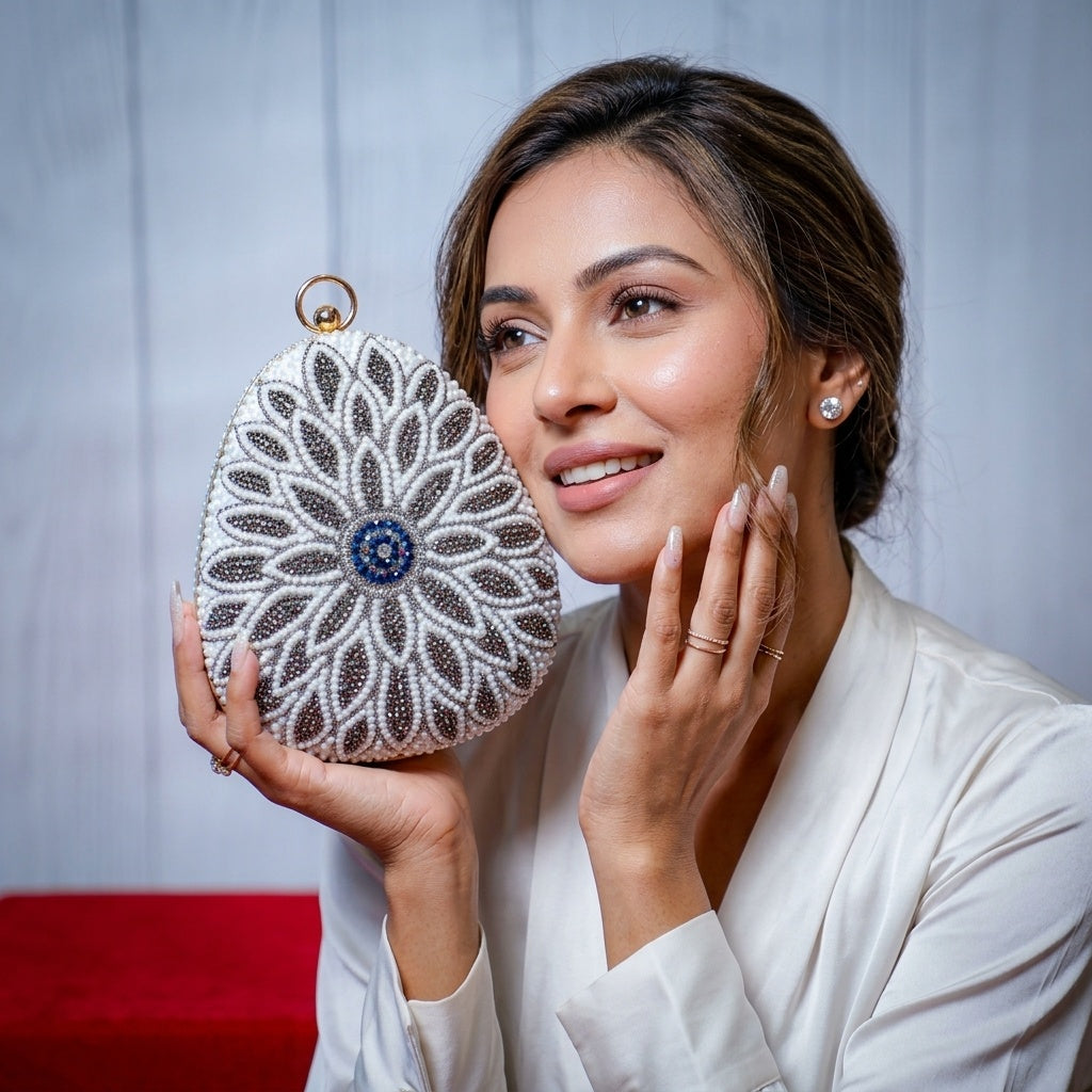 Swisni Hand-Embroidered Clutch Bag for Women | Zari Sequin Bridal Purse | Wedding Party Handbag | SWIS-343