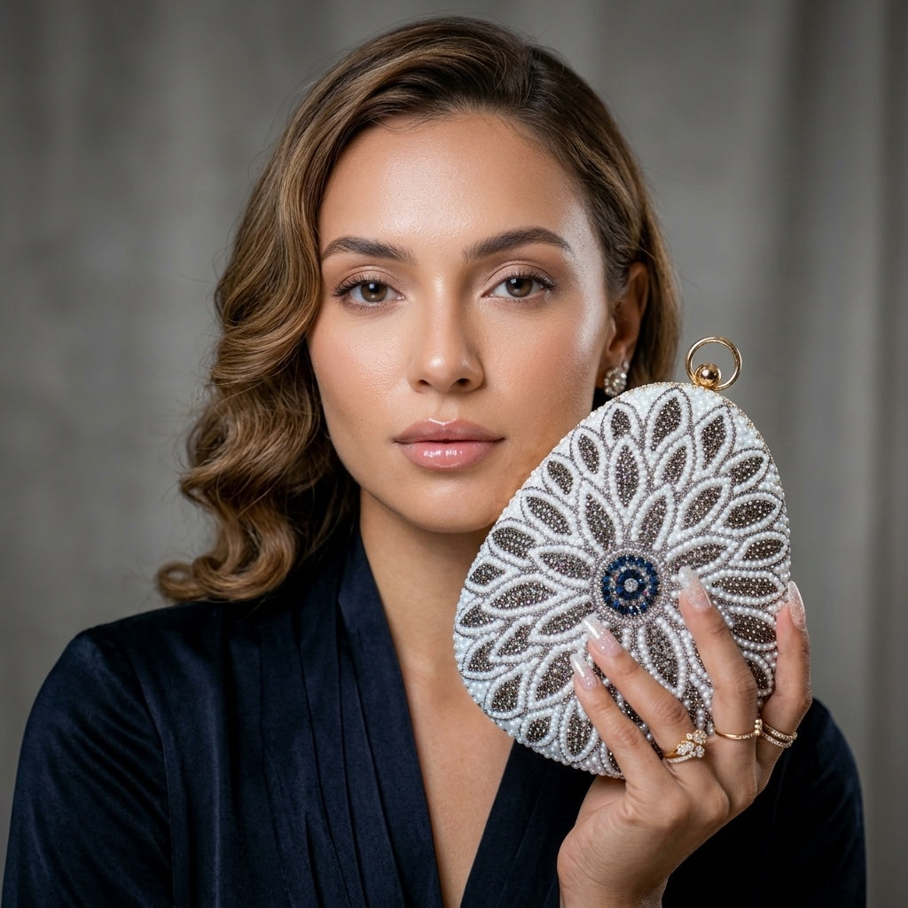 Swisni Hand-Embroidered Clutch Bag for Women | Zari Sequin Bridal Purse | Wedding Party Handbag | SWIS-343
