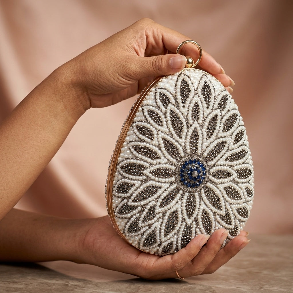 Aryahi white clutch, zari embroidery close-up