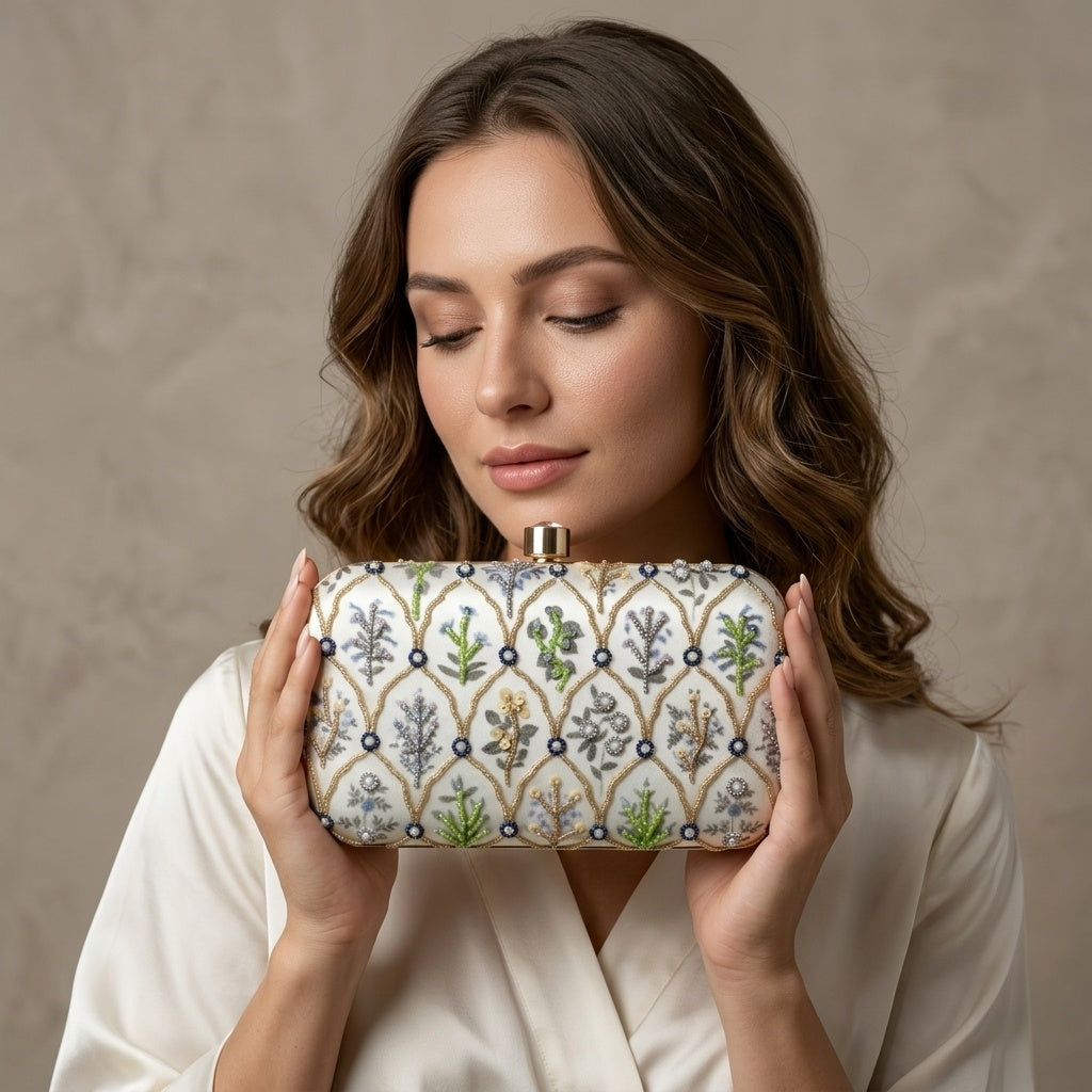 Swisni Hand-Embroidered Clutch Bag for Women | Zari Sequin Bridal Purse | Wedding Handbag | Pre-Order | SWIS-344