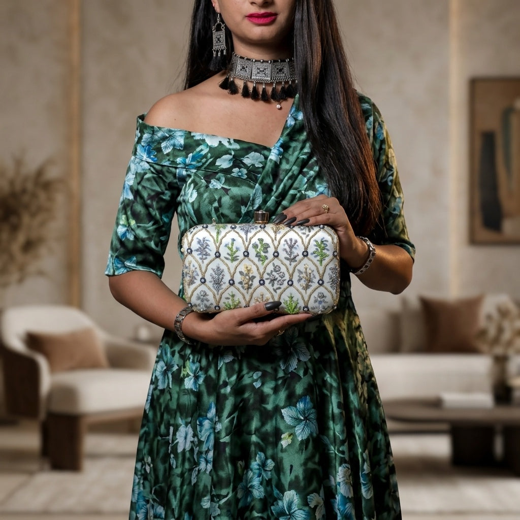 Swisni Hand-Embroidered Clutch Bag for Women | Zari Sequin Bridal Purse | Wedding Handbag | Pre-Order | SWIS-344