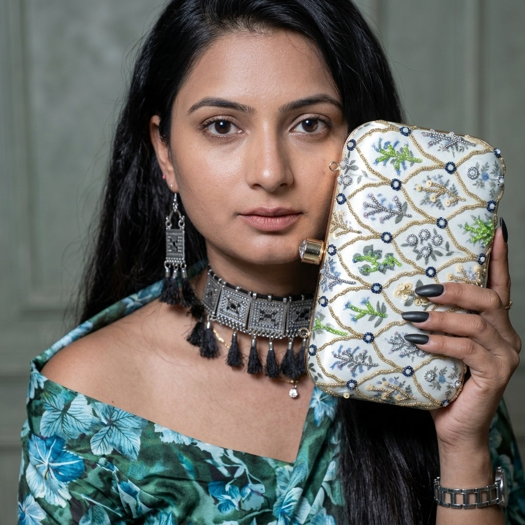 Fatima Mint Green — Satin Printed Embroidered Clutch