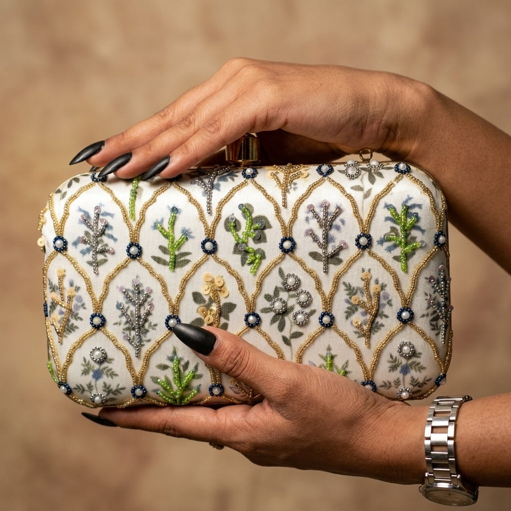 Fatima Mint Green — Satin Printed Embroidered Clutch