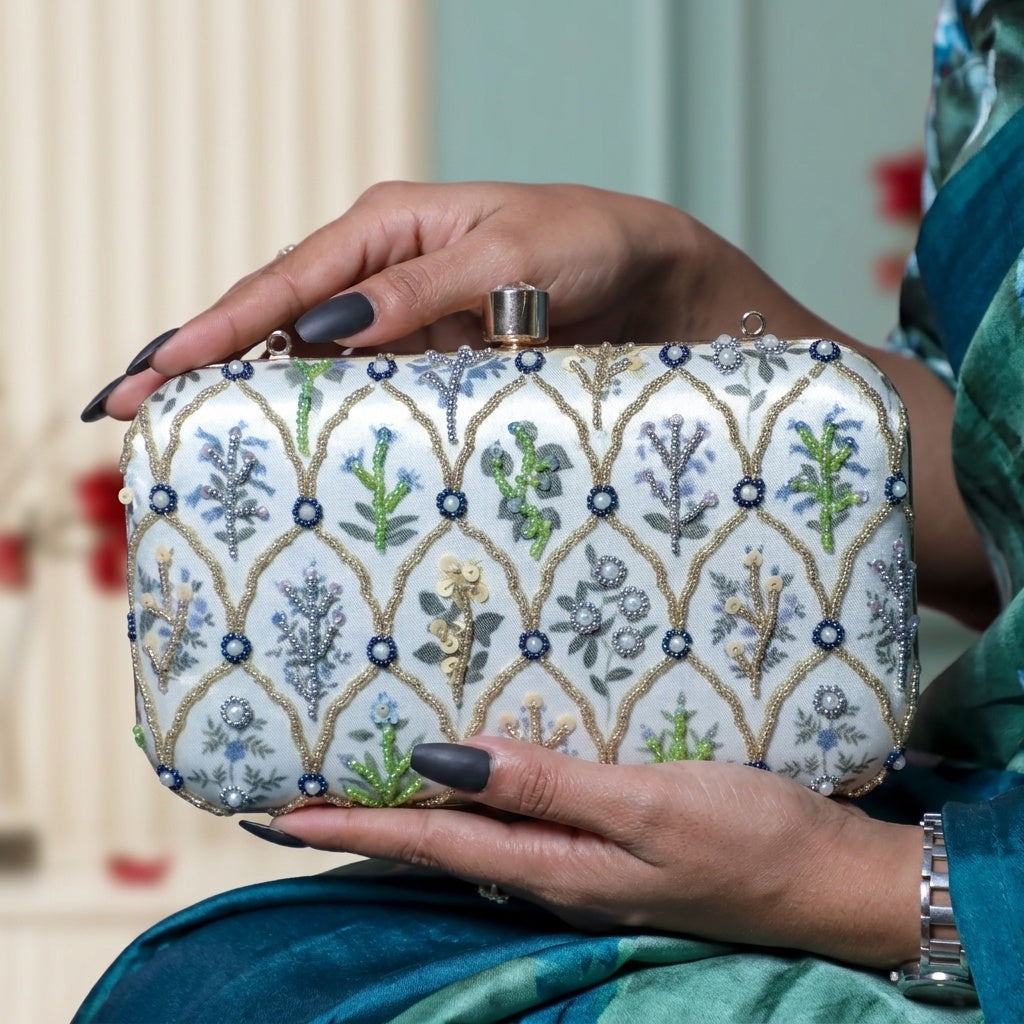 Fatima Mint Green — Satin Printed Embroidered Clutch