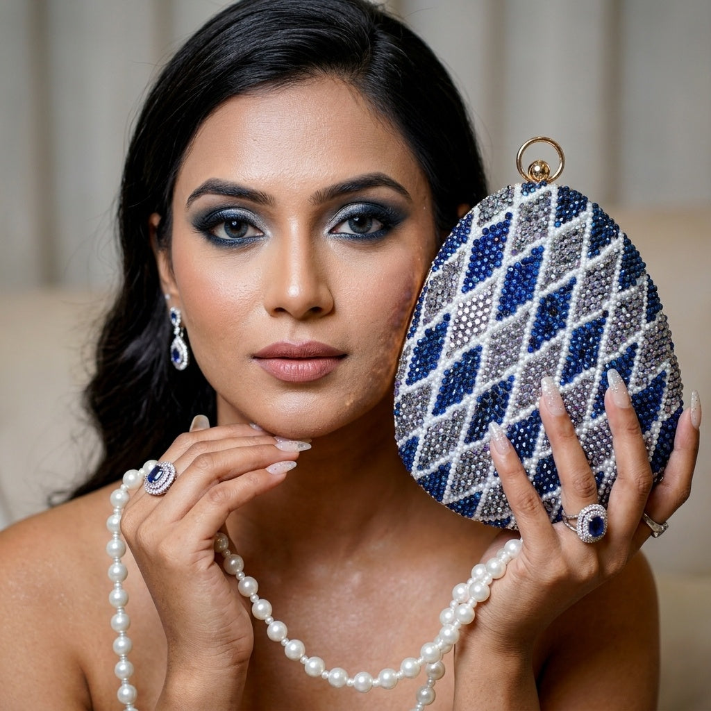 Ksheera Navy Blue — Raw Silk Embroidered Clutch