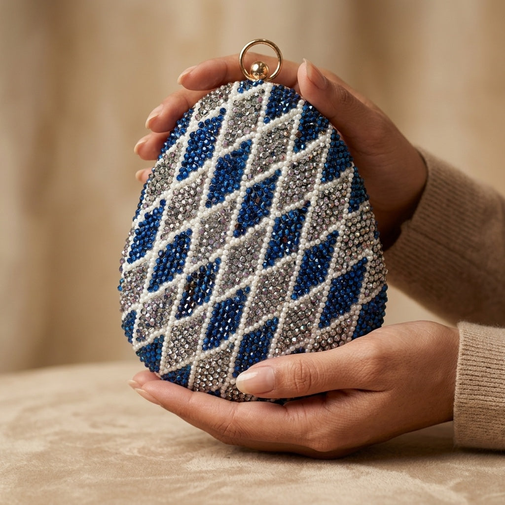 Ksheera Navy Blue — Raw Silk Embroidered Clutch