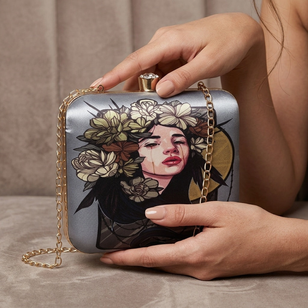Maitri Grey — Satin Printed Clutch