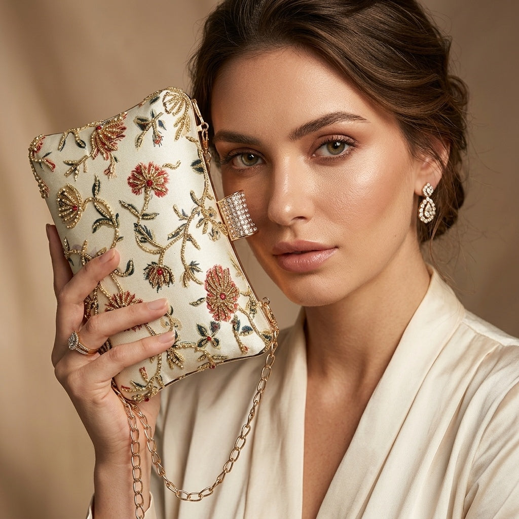 Swisni Hand-Embroidered Clutch Bag for Women | Zari Sequin Bridal Purse | Wedding Festive Handbag | SWIS-396