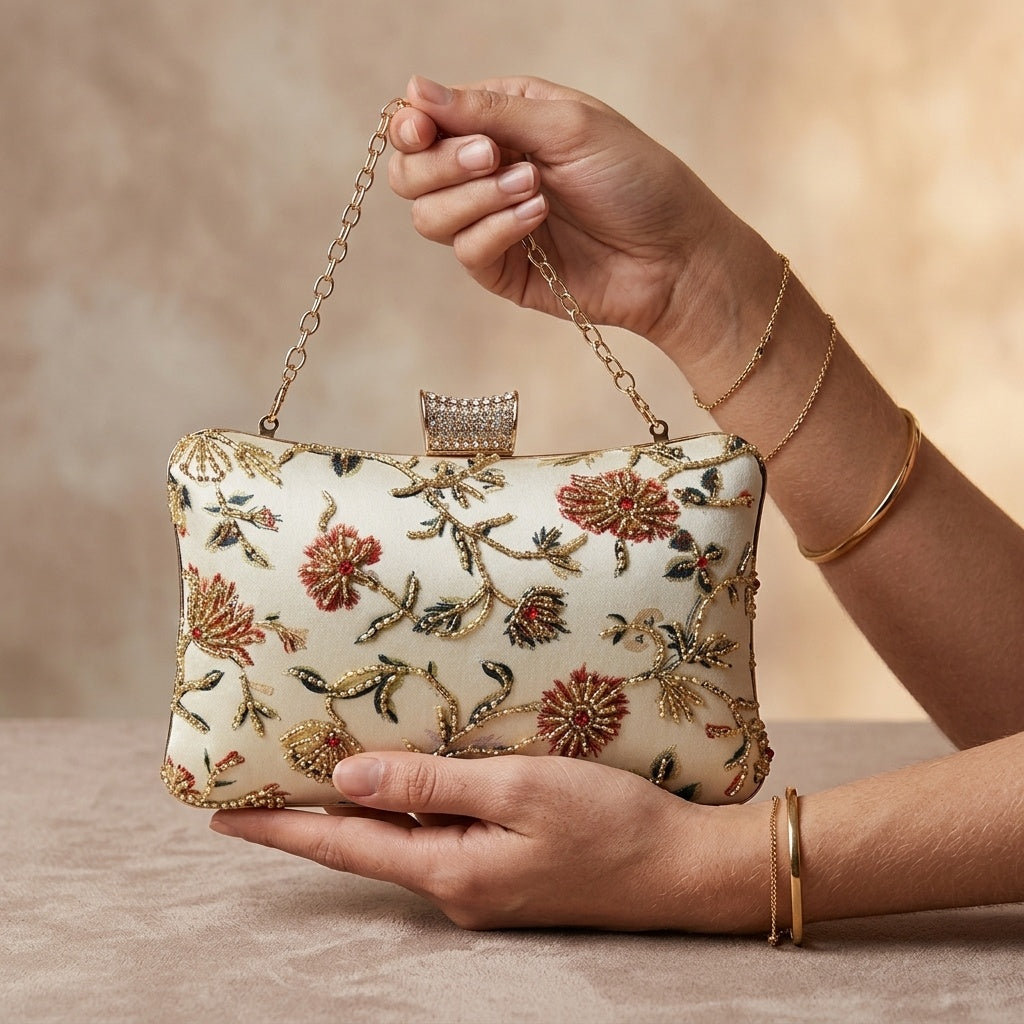 Swisni Hand-Embroidered Clutch Bag for Women | Zari Sequin Bridal Purse | Wedding Festive Handbag | SWIS-396