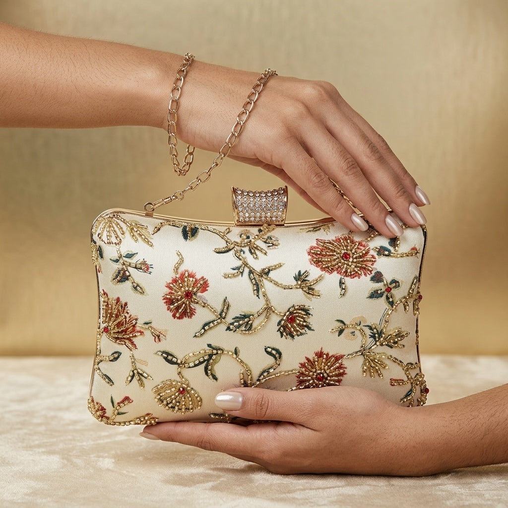 Kamini cream clutch, print and embroidery close-up