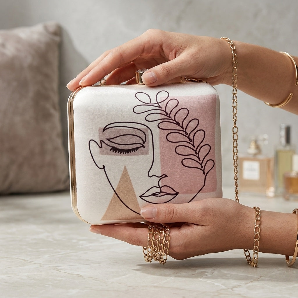 Marisha White — Satin Printed Clutch