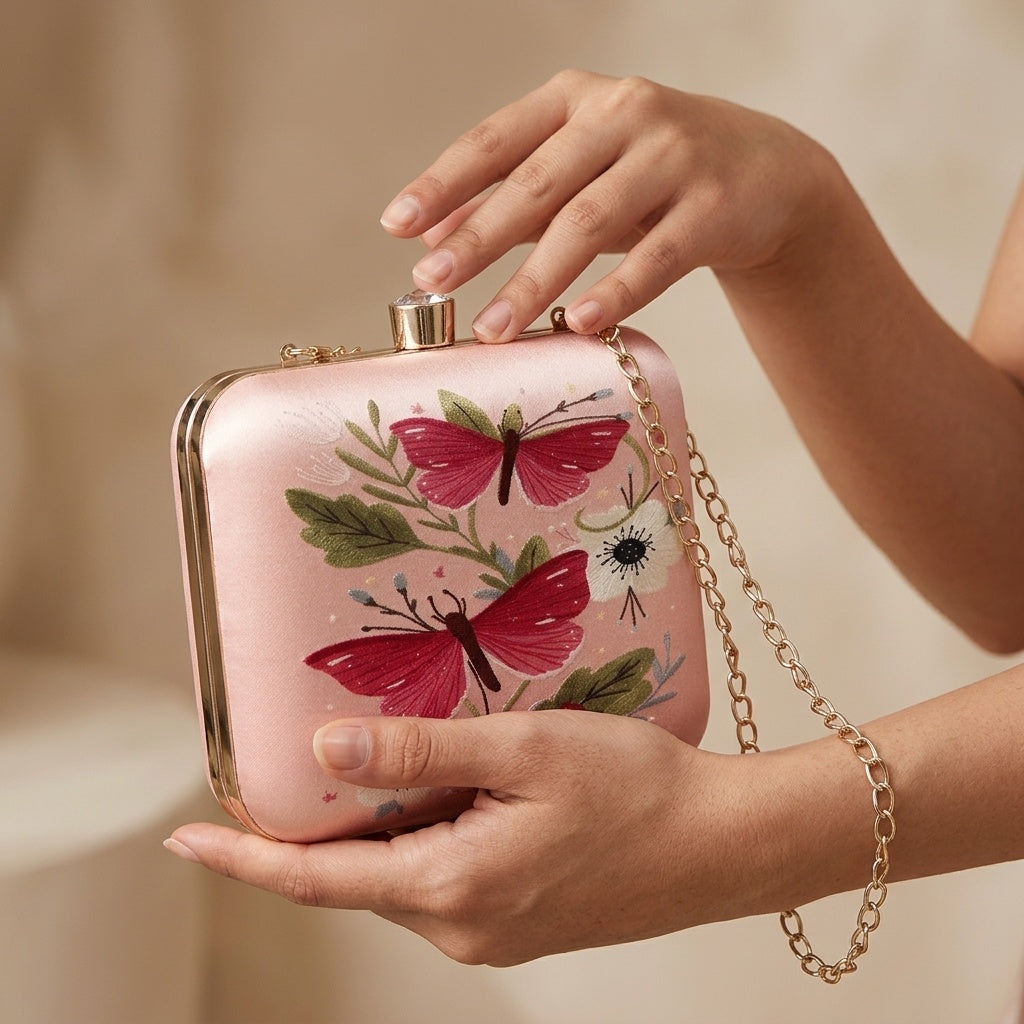 Tanisha Baby Pink — Satin Printed Clutch