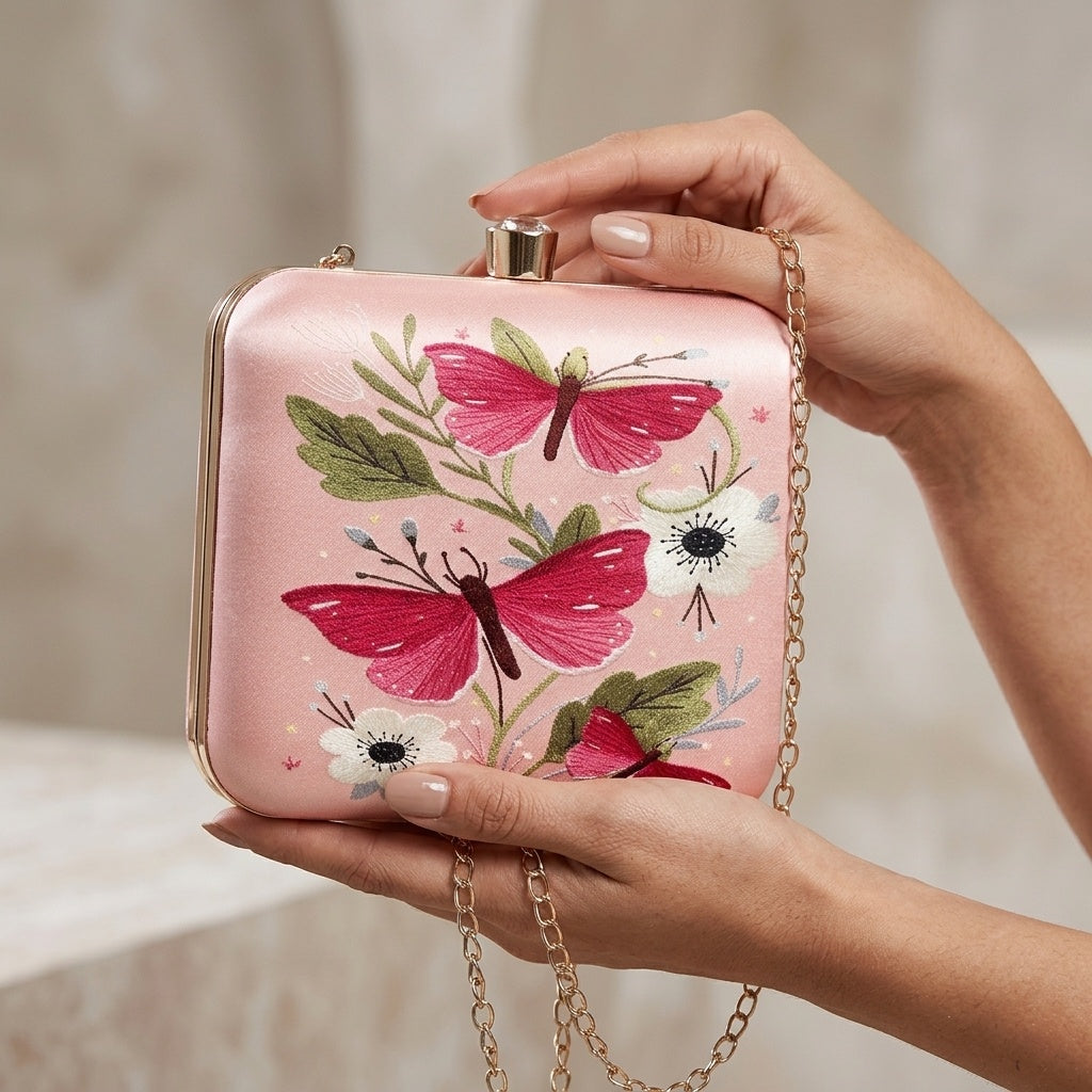 Tanisha Baby Pink — Satin Printed Clutch