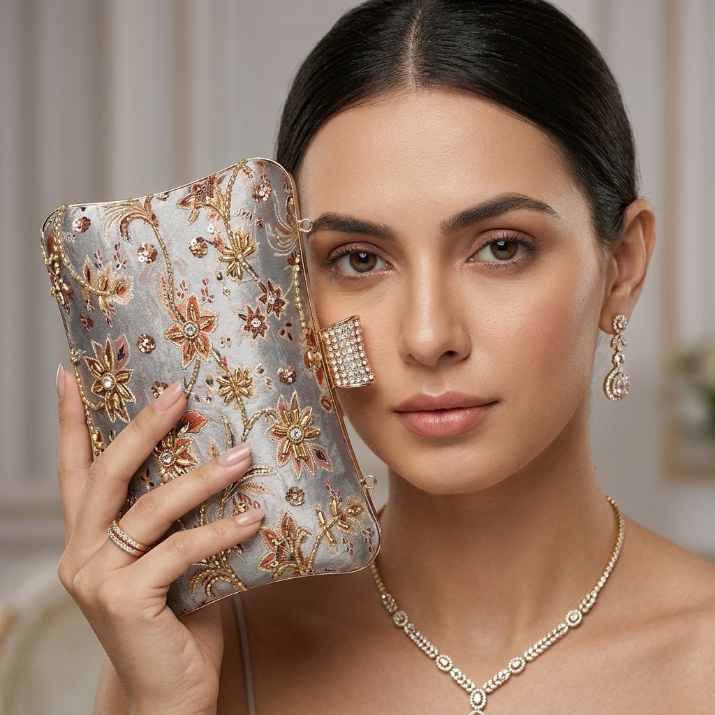 Zarina — Satin Printed Embroidered Clutch