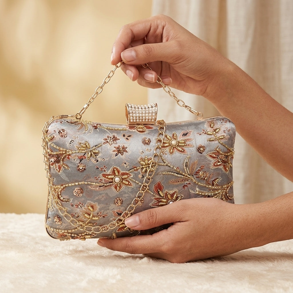 Zarina — Satin Printed Embroidered Clutch