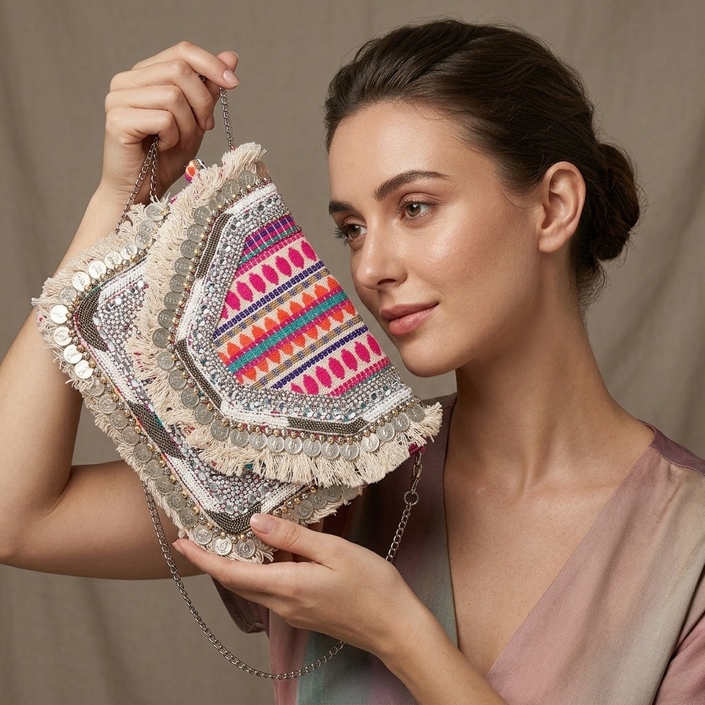 Swisni Vintage Banjara Boho Bag for Women | Tribal Rajasthani Ethnic Handbag | Handcrafted Bohemian Clutch | SWIS-411