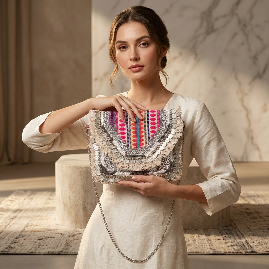 Swisni Vintage Banjara Boho Bag for Women | Tribal Rajasthani Ethnic Handbag | Handcrafted Bohemian Clutch | SWIS-411