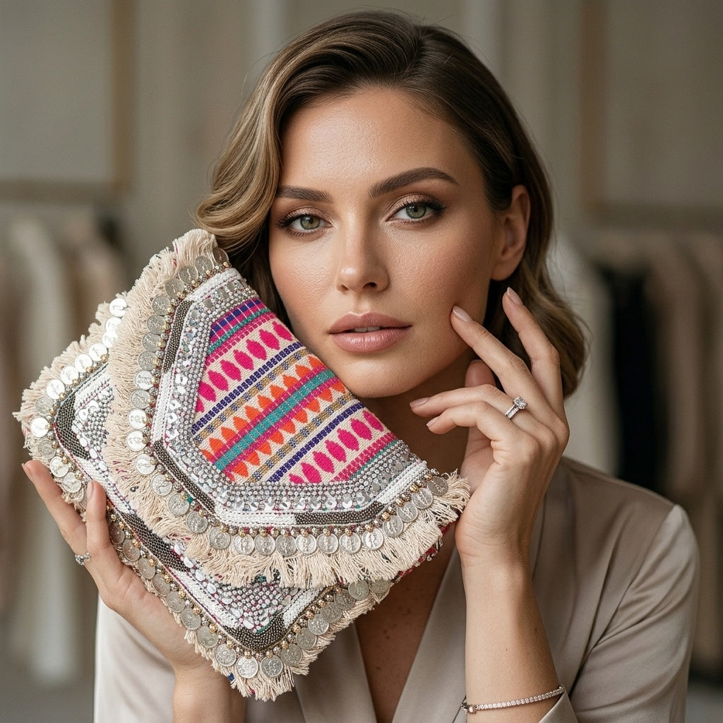 Asmi banjara boho bag, mirror work close-up