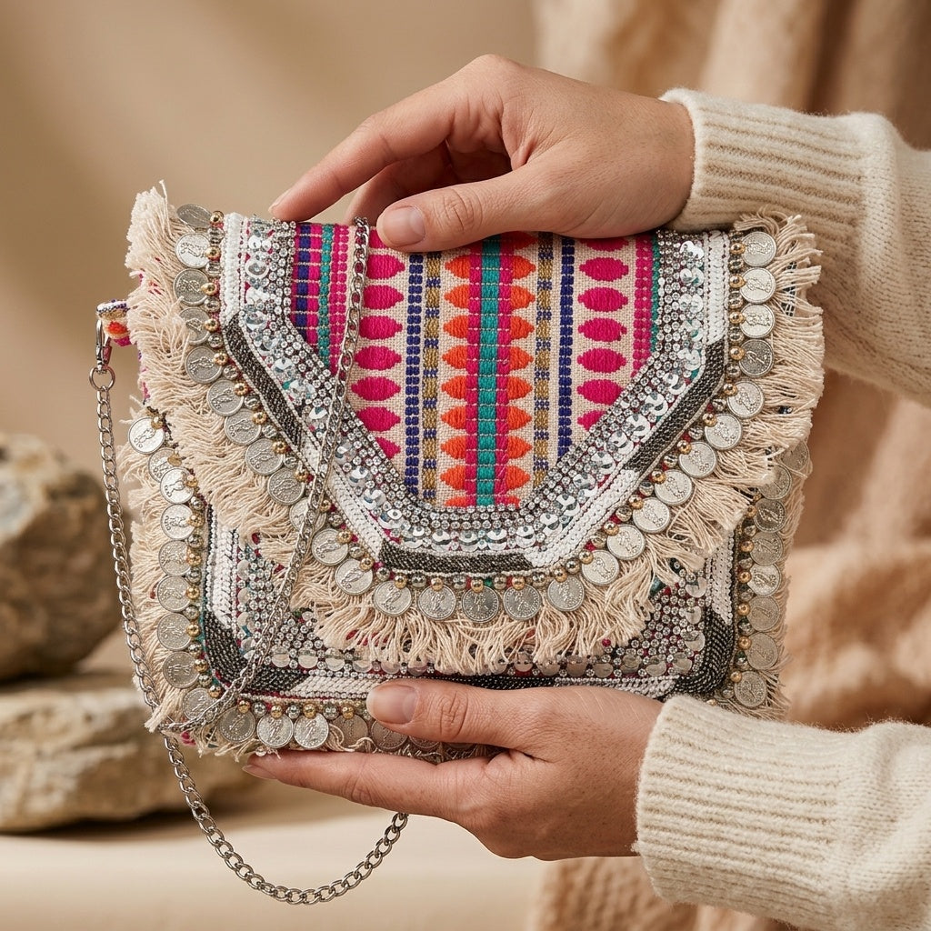 Asmi banjara boho bag, tassel detail