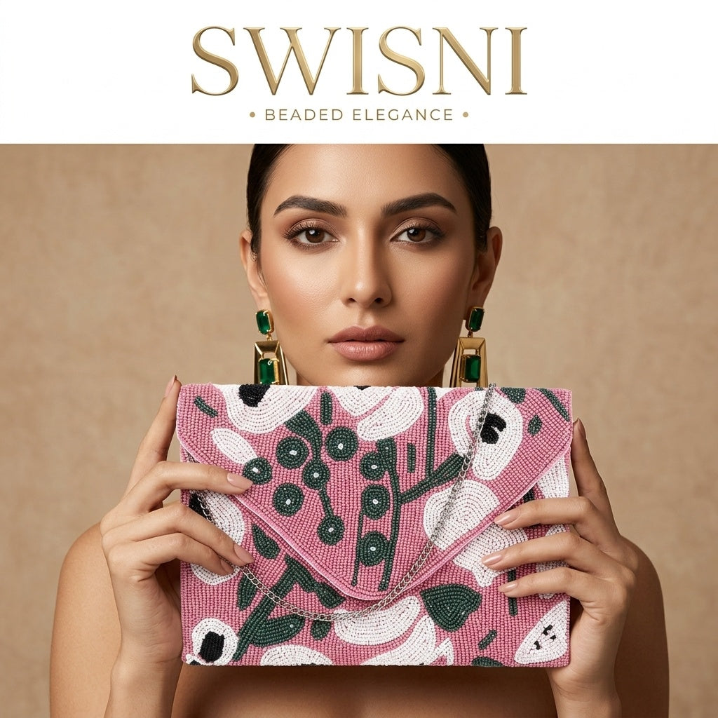 Nusrat Pink — Raw Silk Beaded Clutch