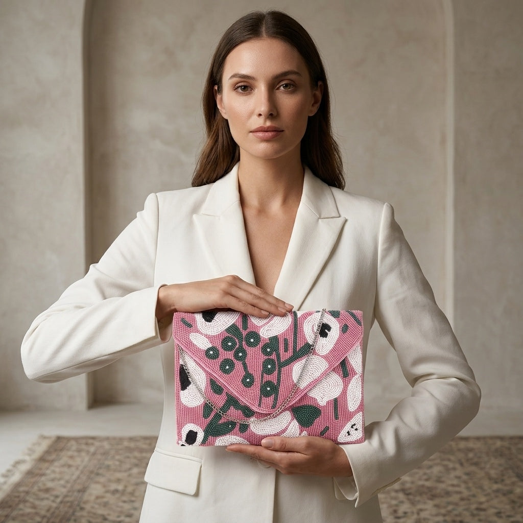 Nusrat Pink — Raw Silk Beaded Clutch