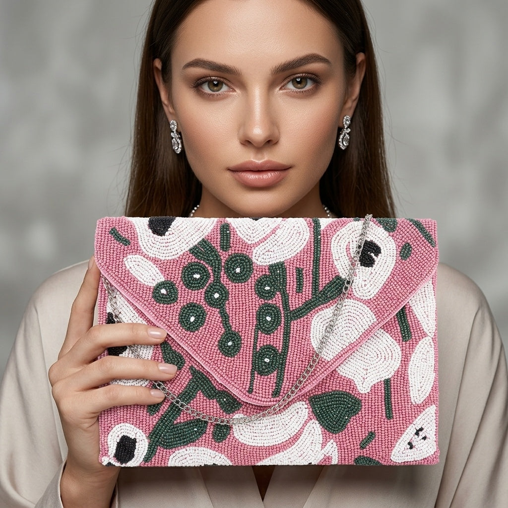 Nusrat Pink — Raw Silk Beaded Clutch
