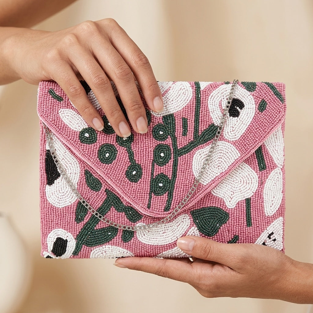 Nusrat Pink — Raw Silk Beaded Clutch