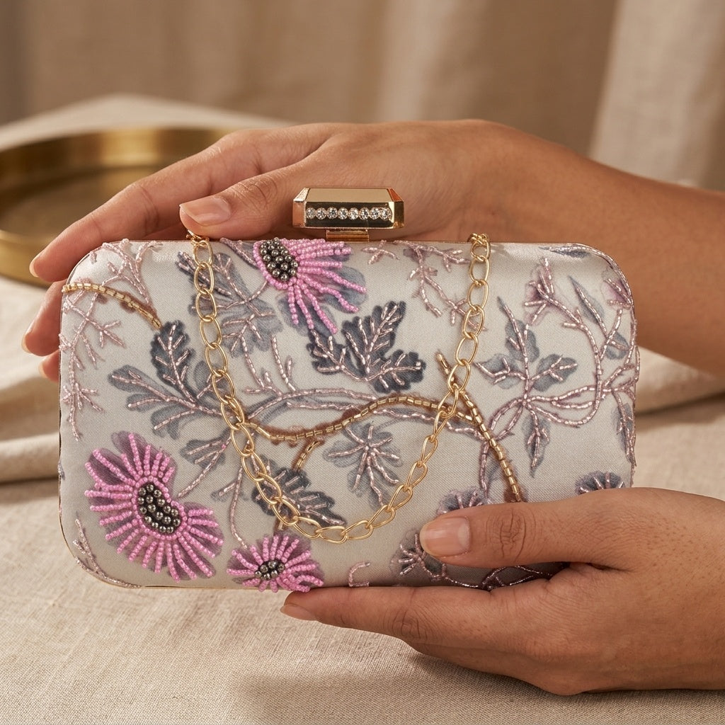Marisha — Jute Printed Embroidered Clutch
