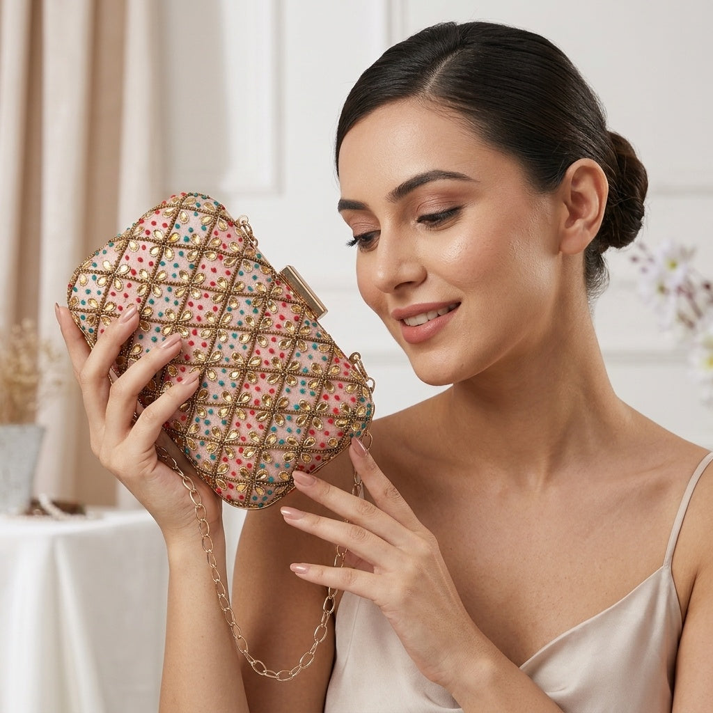 Nirali Peach — Raw Silk Embroidered Clutch