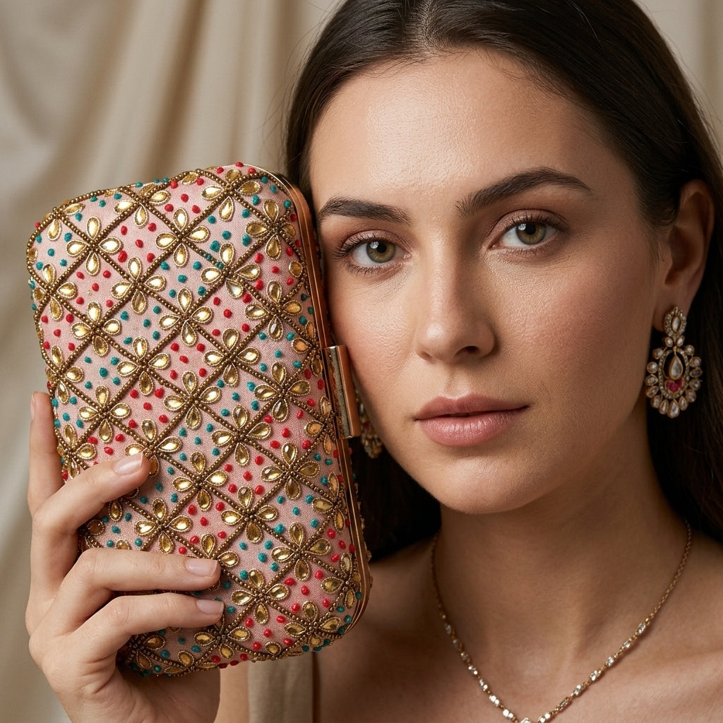 Nirali Peach — Raw Silk Embroidered Clutch