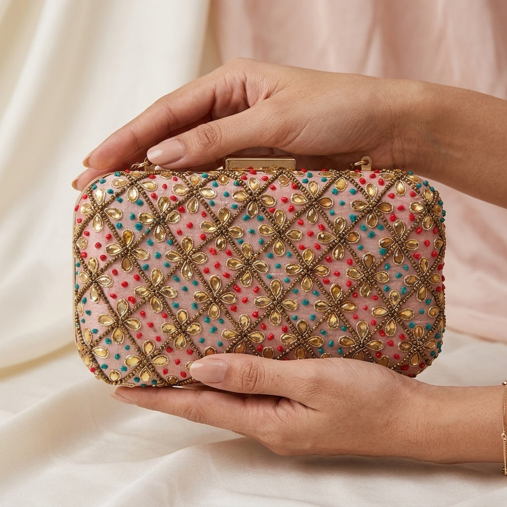Nirali Peach — Raw Silk Embroidered Clutch