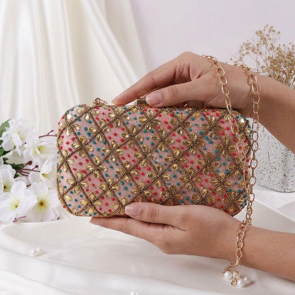 Nirali Peach — Raw Silk Embroidered Clutch