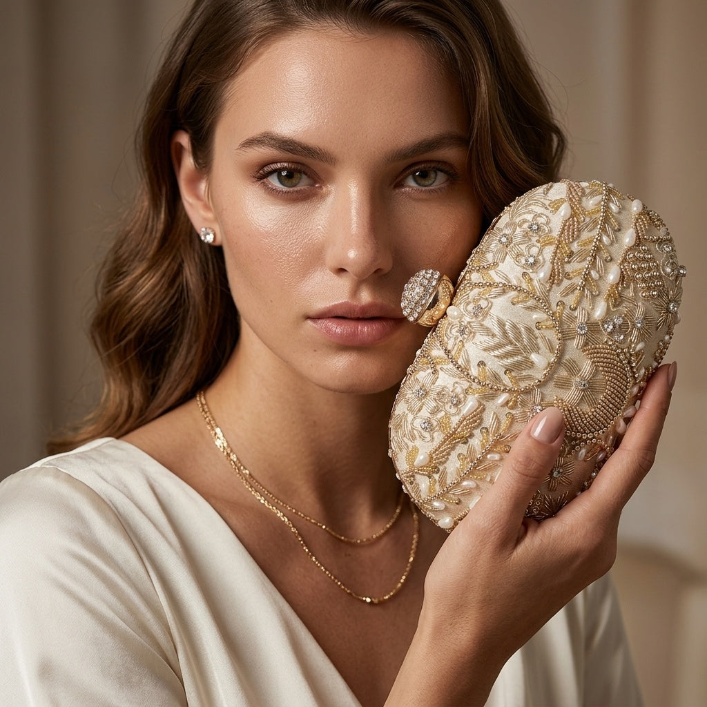 Alaya Golden — Raw Silk Embroidered Clutch