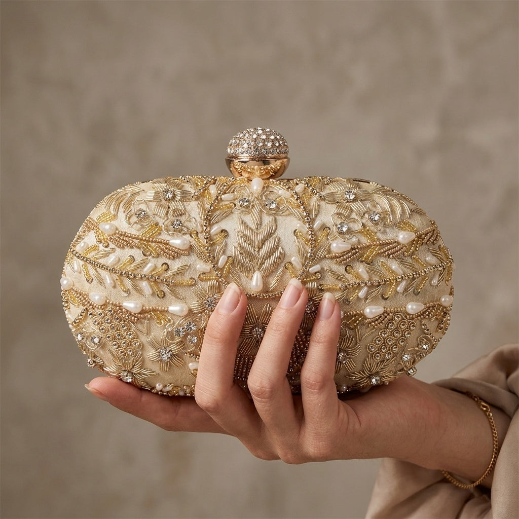 Alaya Golden — Raw Silk Embroidered Clutch