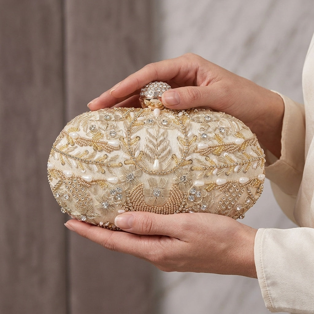 Alaya Golden — Raw Silk Embroidered Clutch