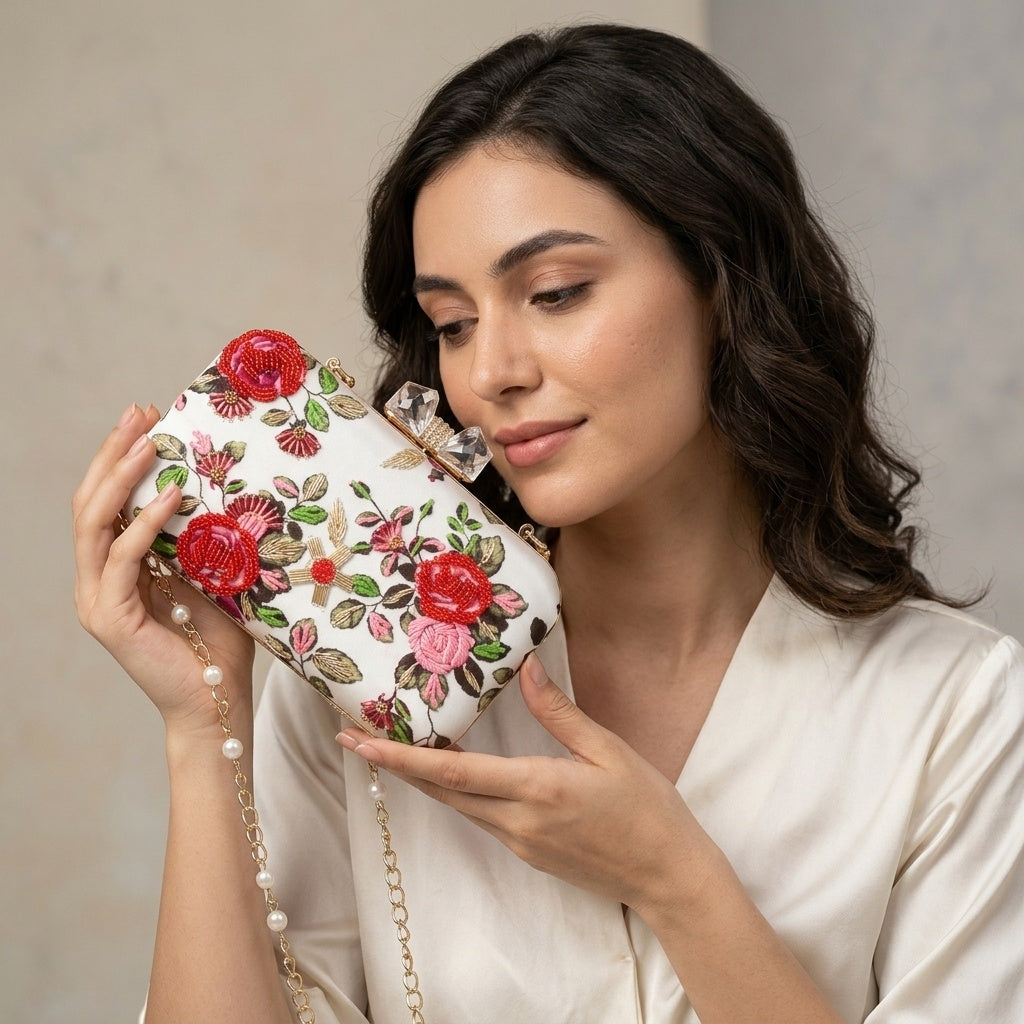 Chitra White — Satin Printed Embroidered Clutch